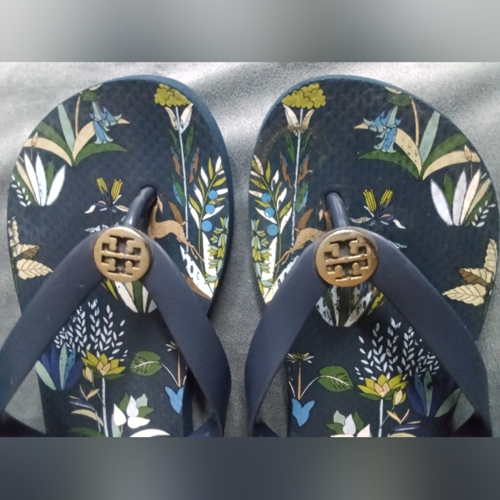 Tory Burch Navy Floral Flip Flops - Picture 2 of 8